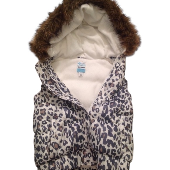 Old Navy Other - Girls Old Navy fleece lined vest fur hood animal print sz Large